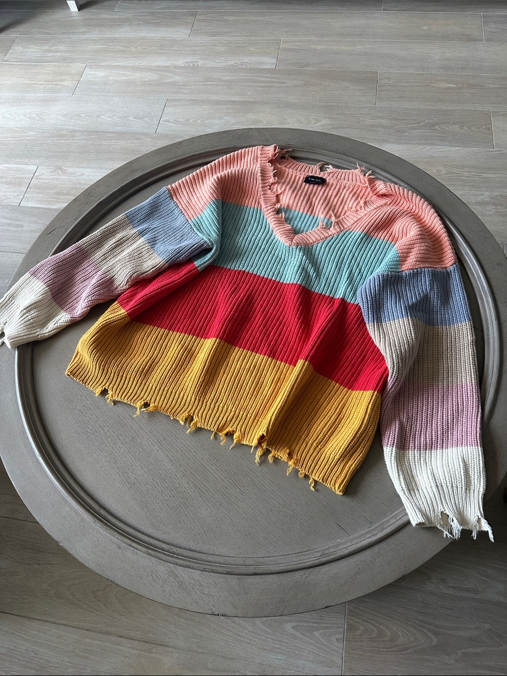 Striped Distressed V-Neck Sweater - Multi